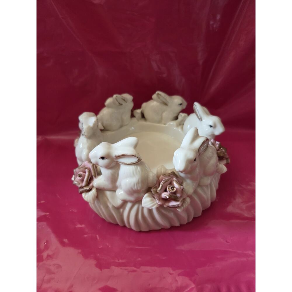 Vintage Cream Ceramic Large Candleholder Rabbits In A Circle W/Pink Rose Easter - Picture 4 of 6
